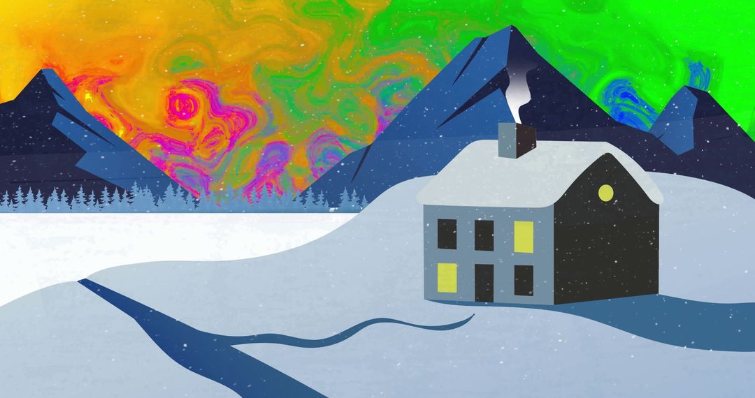 Cabin Under Aurora Borealis in Snowy Mountains