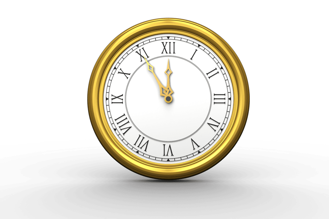 Vintage Gold Clock on Transparent Background with Roman Numerals