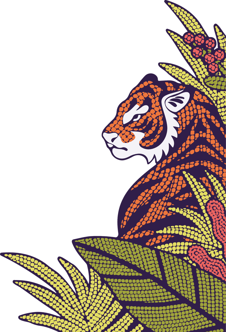 Transparent Background Jungle Tiger in Vibrant Dot Patterns