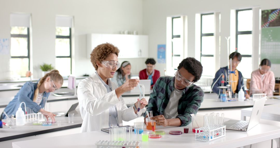 High School Students Collaborating in Science Laboratory Experiment