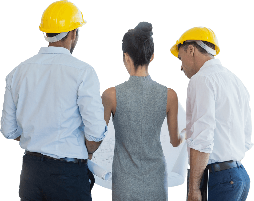 Transparent View of Architects Analyzing Construction Blueprint