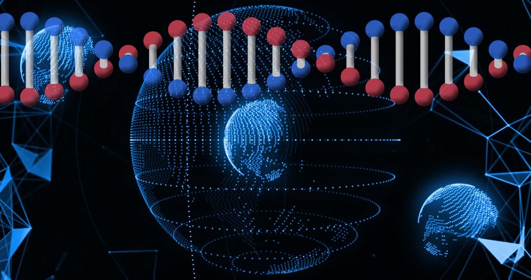 Futuristic Digital DNA Helix with Network Lines and Dotted Globe