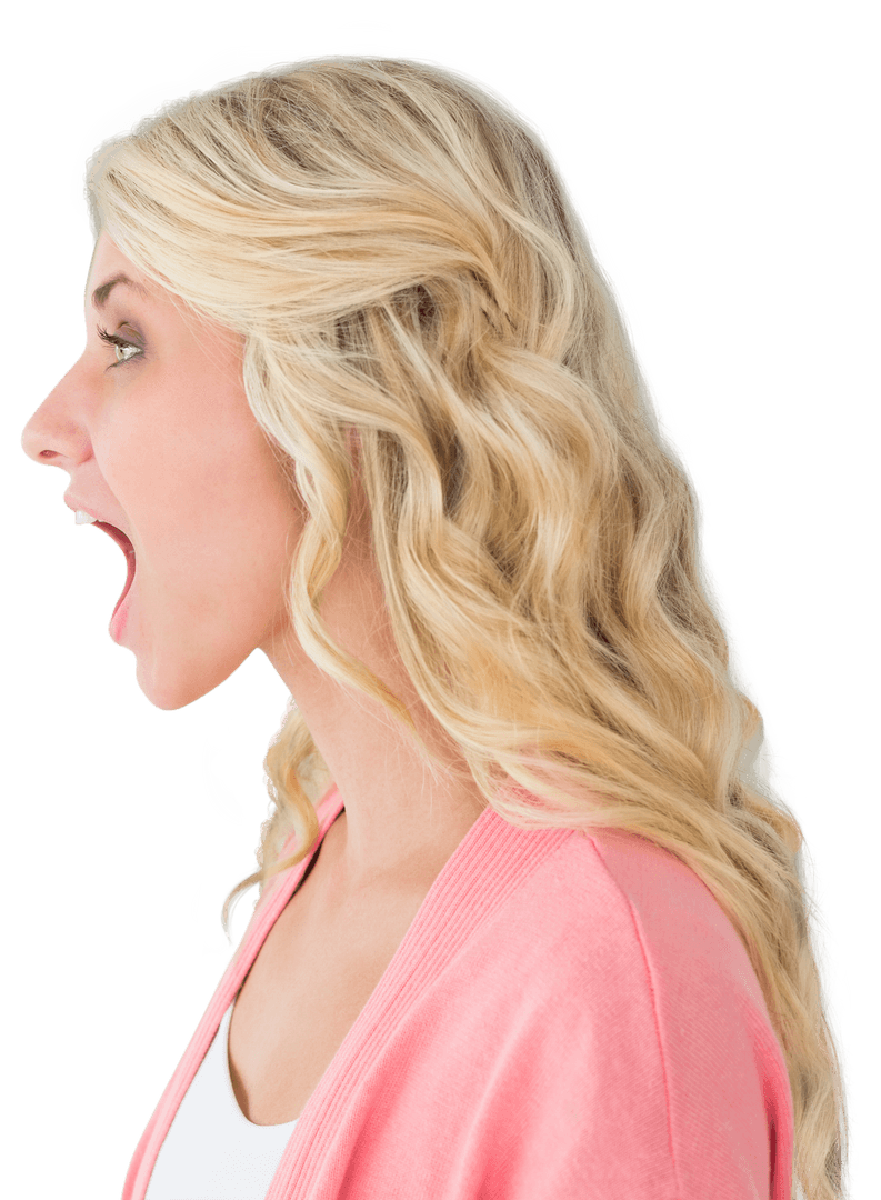Caucasian Woman Shouting on Transparent Background in Profile View