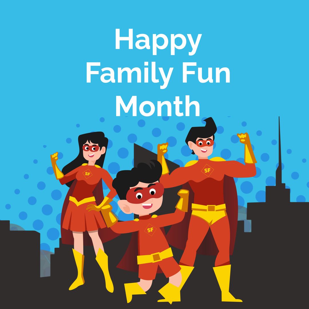 Superhero Family Celebrating Family Fun Month Against Cityscape - Download Free Stock Templates Pikwizard.com