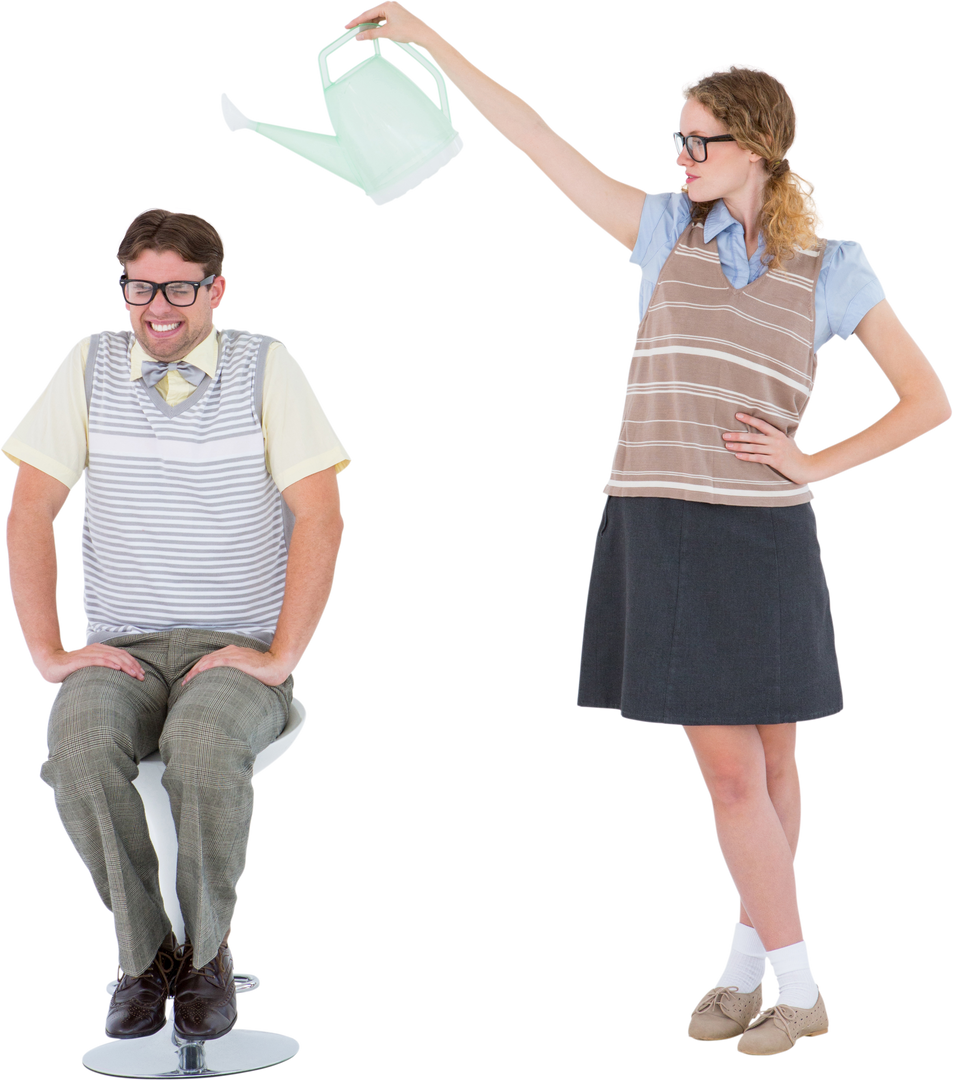 Geeky Hipster Holding Transparent Watering Can Above her Laughing Boyfriend - Download Free Stock Images Pikwizard.com