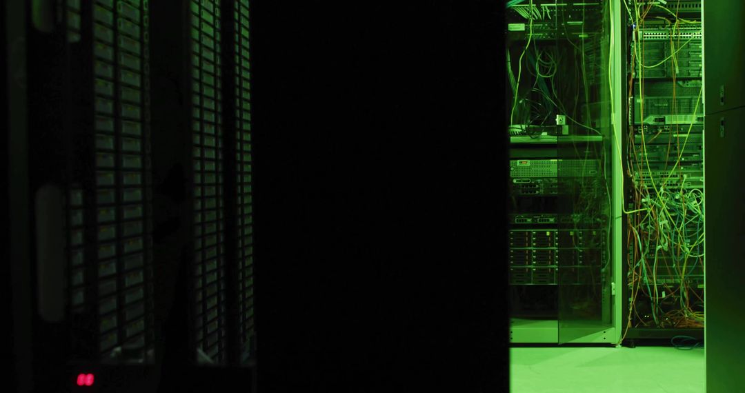 Glowing Data Center Servers with Network Cables and Equipments