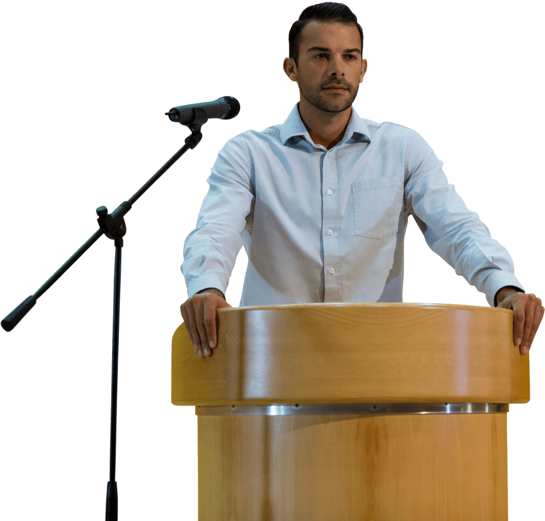 Confident Businessman Speaking at Transparent Podium with Microphone