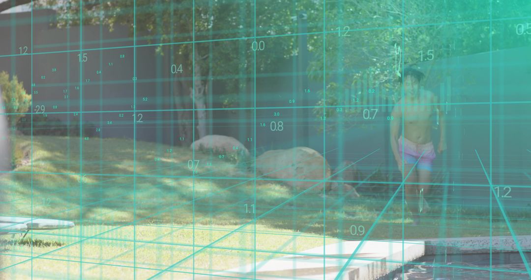 Man in Pink Swim Trunks Standing by Backyard Pool with Teal Augmented Reality Grid
