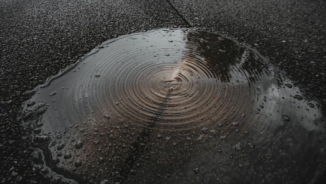 Rippling Puddle Reflecting Golden Light on Wet Asphalt, Concentric Water Rings and Droplets