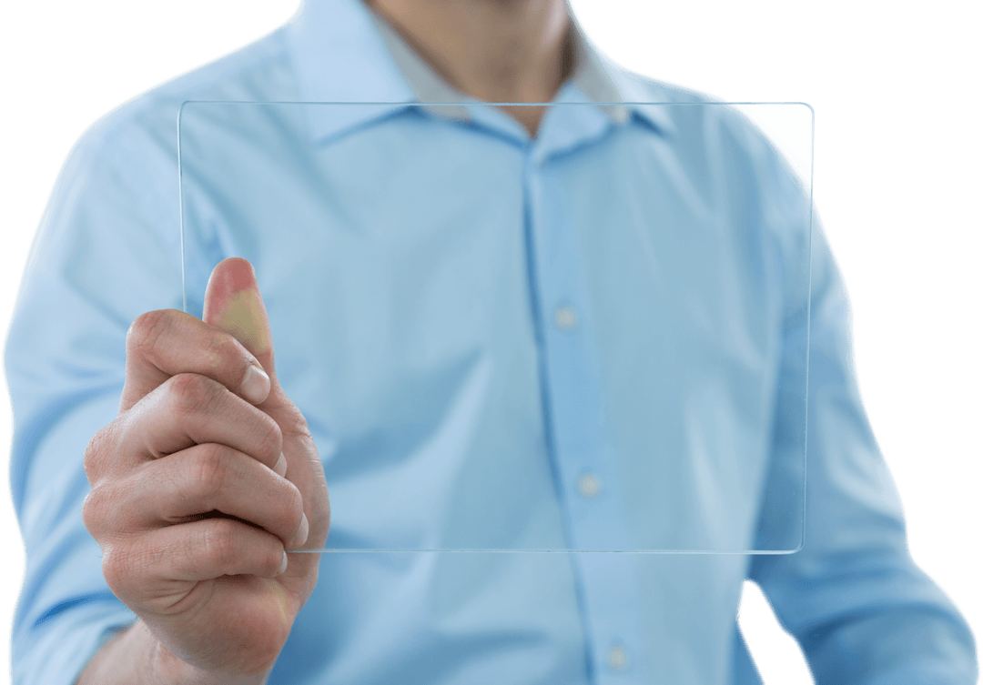 Man Holding Transparent Futuristic Digital Tablet Technology