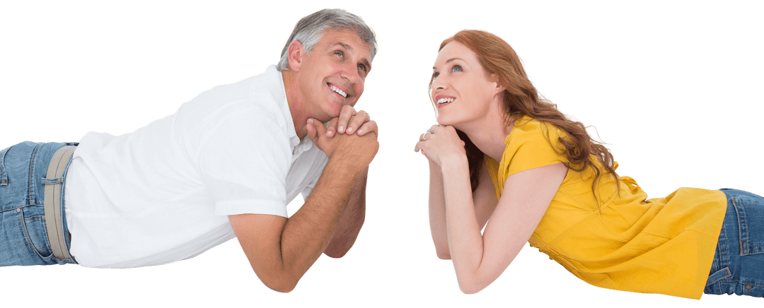 Happy Couple Relaxing on Transparent Floor in Casual Attire