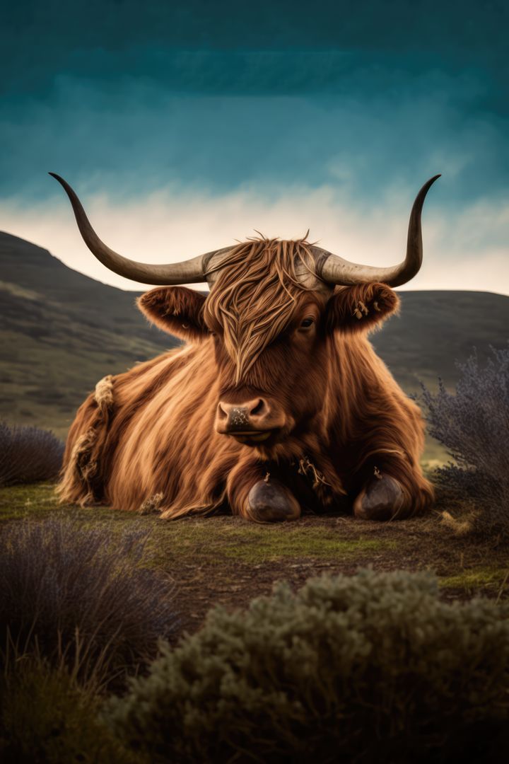 Portrait of highland cow lying in grass in mountains, created using generative ai technology - Free Images, Stock Photos and Pictures on Pikwizard.com