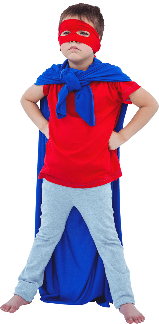 Confident Child Performing as Superhero in Red Cape on Transparent Background