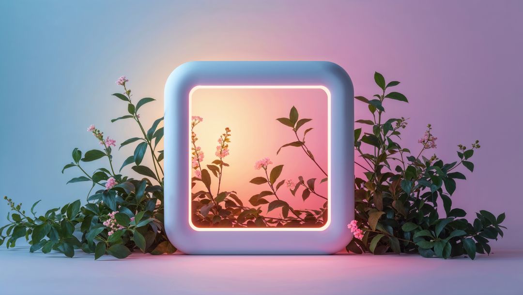 Neon Frame with Blossoms and Greenery in Minimalist Composition
