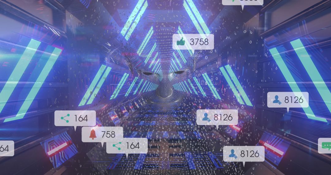 Digital Interface with Human Face and Social Media Elements in Futuristic Tunnel