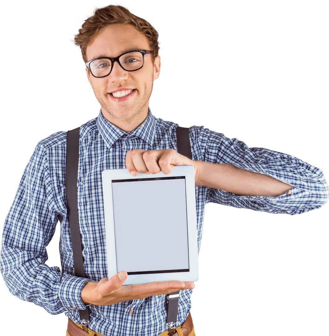 Geeky Young Man Displaying Tablet with Transparent Background