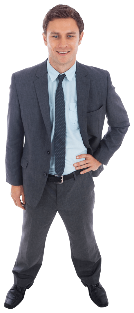 Confident Businessman In Gray Suit Standing Hand on Hip Transparent