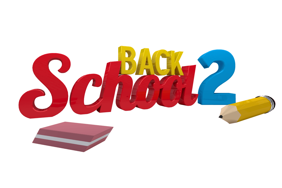 Back to School 3D Text with Eraser and Pencil Transparent Vector