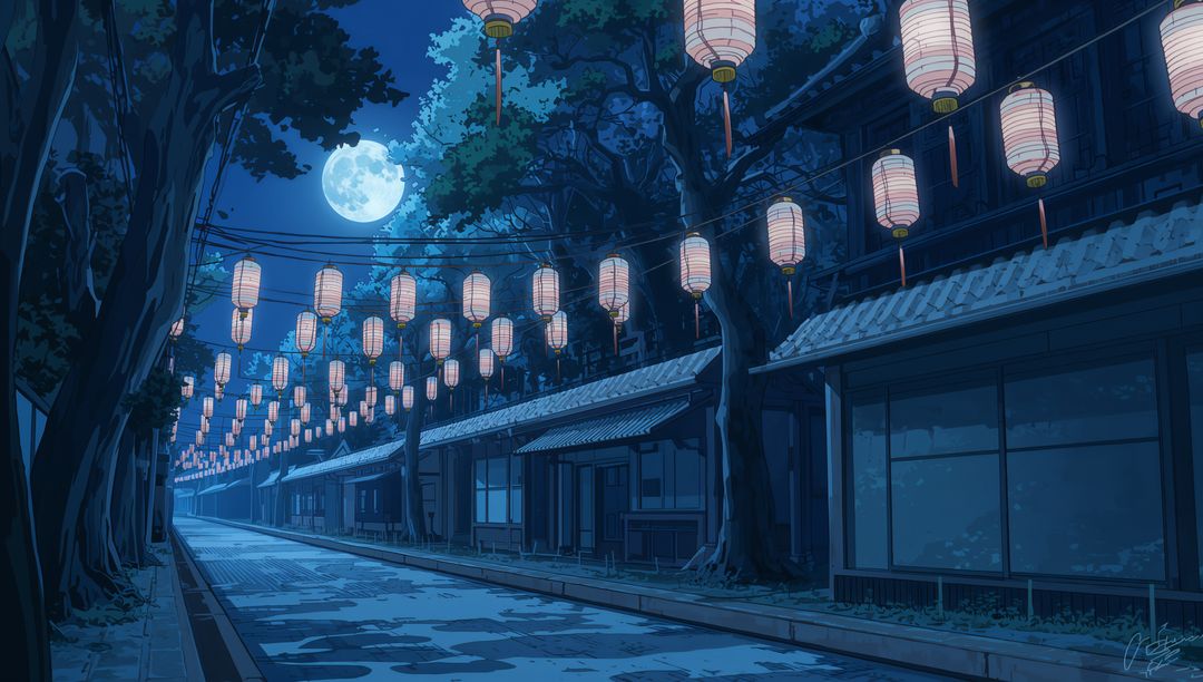 Asian Village Night Scene with Lanterns and Full Moon