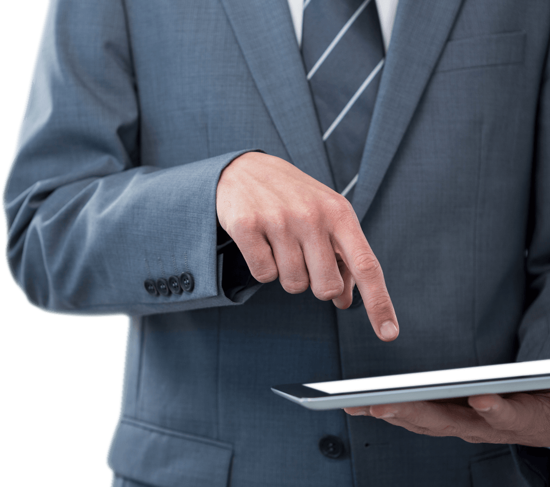 Executive Pointing at Tablet with a Transparent Overshirt Enhances Technology Focus