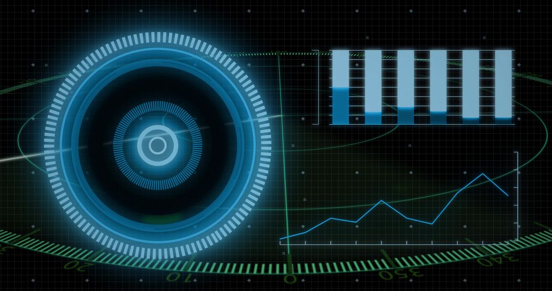 Futuristic HUD Interface Displaying Holographic Radial Target with Bar and Line Analytics