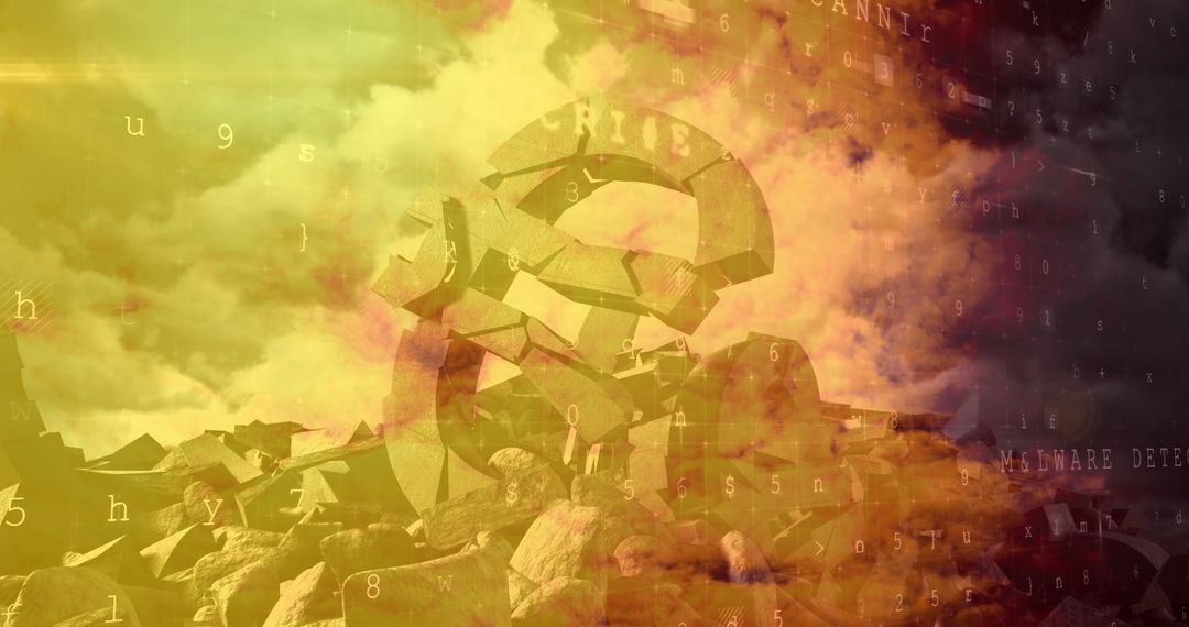 Crumbling Euro Sign with Cybersecurity Threats in Fiery Background