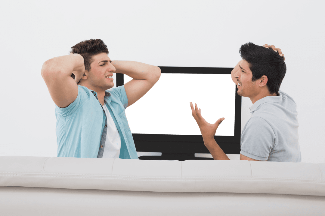 Two Disappointed Fans Without Visible Game on Transparent TV Screen