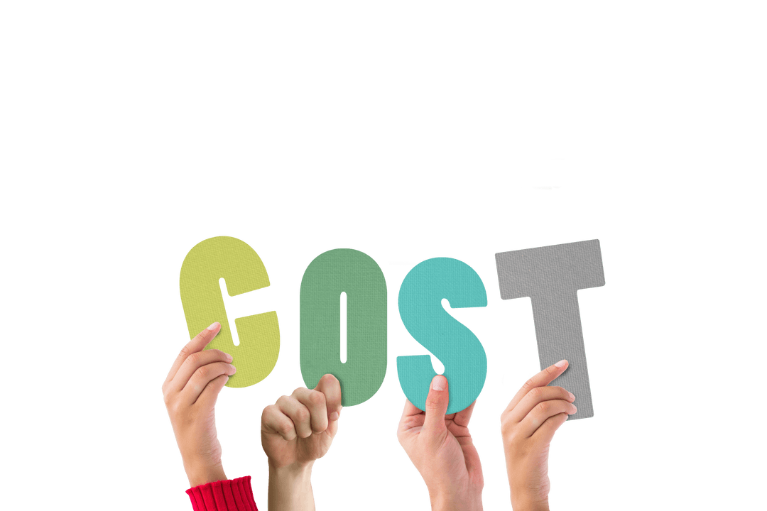 Hands Holding Diverse Colored C-O-S-T Letters Transparent Background