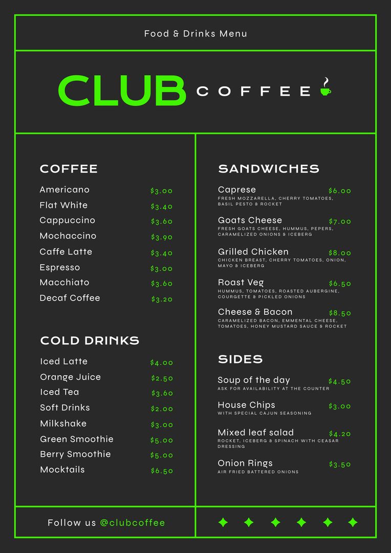 Modern Cafe Menu with Coffee, Sandwiches, Cold Drinks, and Sides Offering - Download Free Stock Templates Pikwizard.com