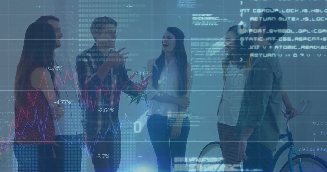 Innovative Startup Team Discussing Financial Strategy Amid Code Visual