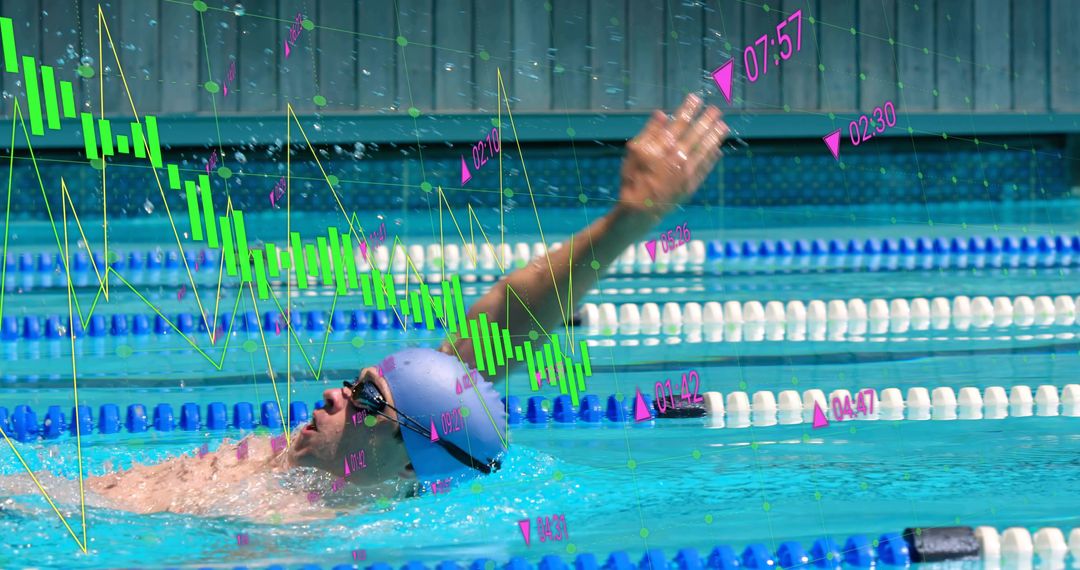Backstroke athlete powering lap with neon performance chart overlay, sports analytics concept