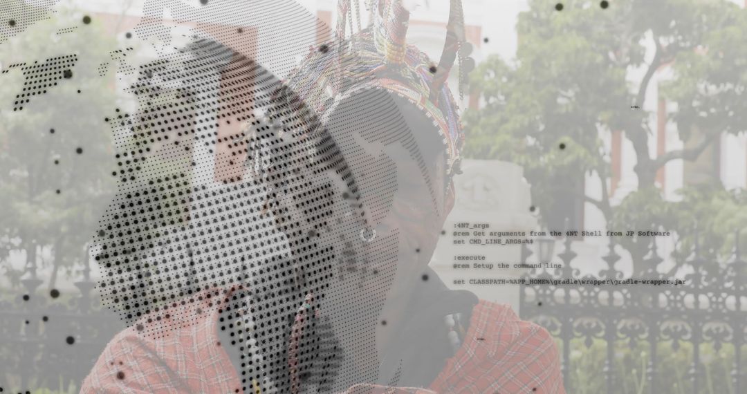 Man in Straw Hat Holding Woven Art with Code Texture Overlay