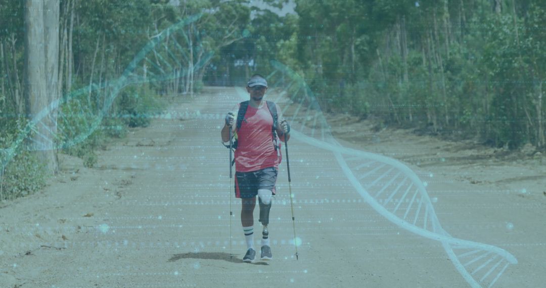 Man Hiking on Dirt Road with DNA Overlay Representing Biotechnology Research
