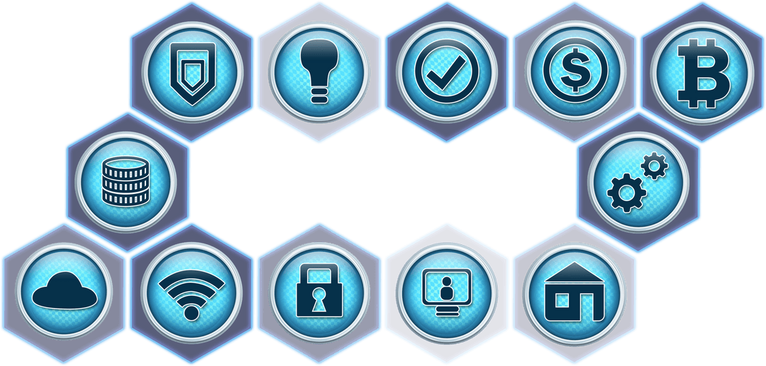 Set of Hexagon Shaped Transparent Icons Representing Technology Concepts
