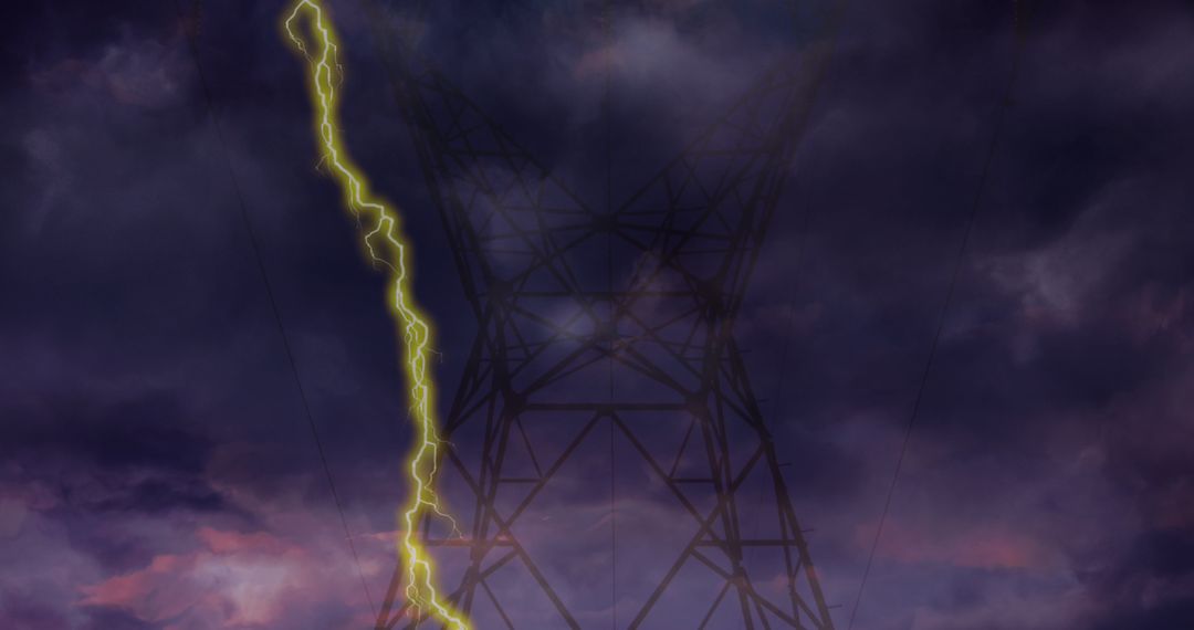 Dramatic Lightning Strike Near Power Line Tower During Storm