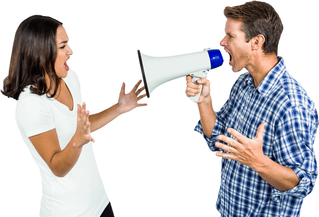 Man Shouting With Megaphone at Upset Woman on Transparent Background