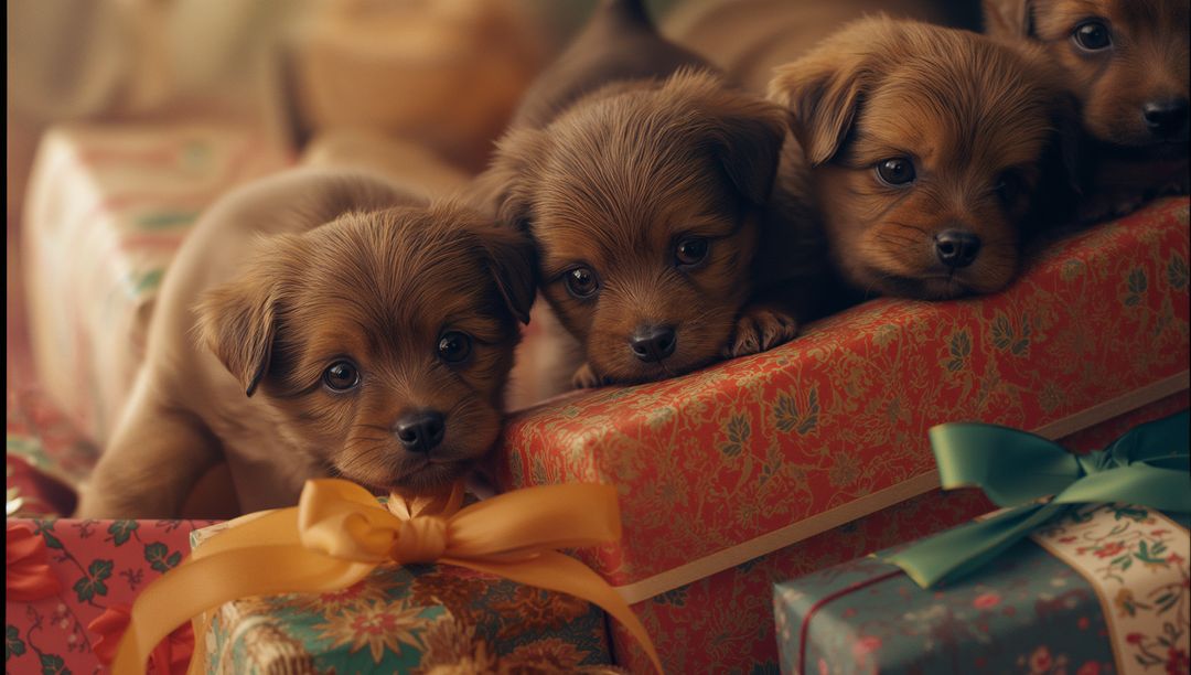 Adorable Puppies Nestling on Patterned Christmas Gifts