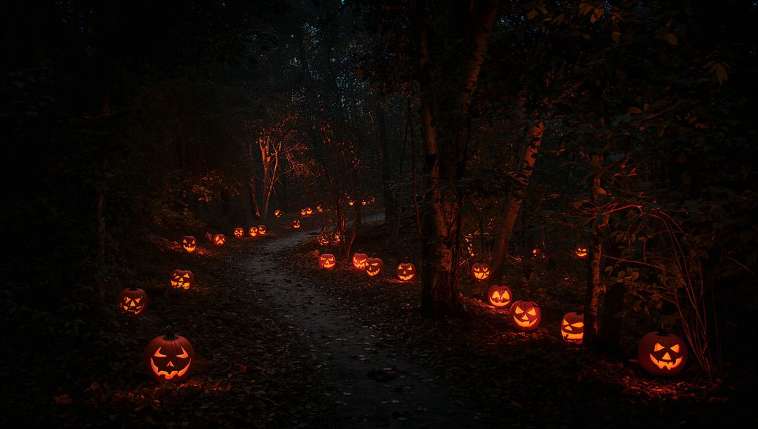 Glowing Jack-o'- Lanterns Illuminate Mysterious Forest Path at Night