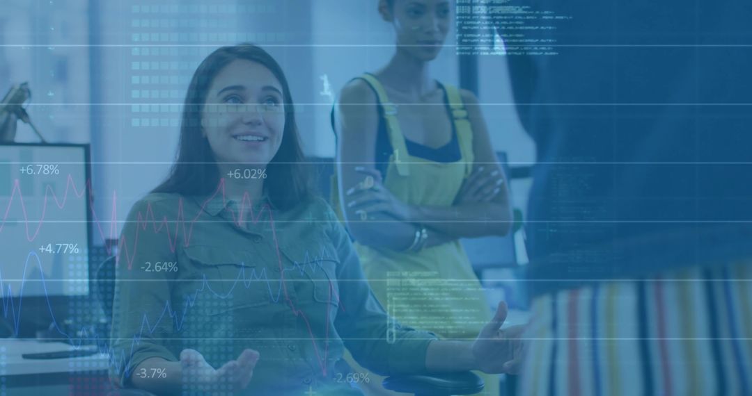 Businesswoman Collaborating with Digital Data Integration in Modern Office