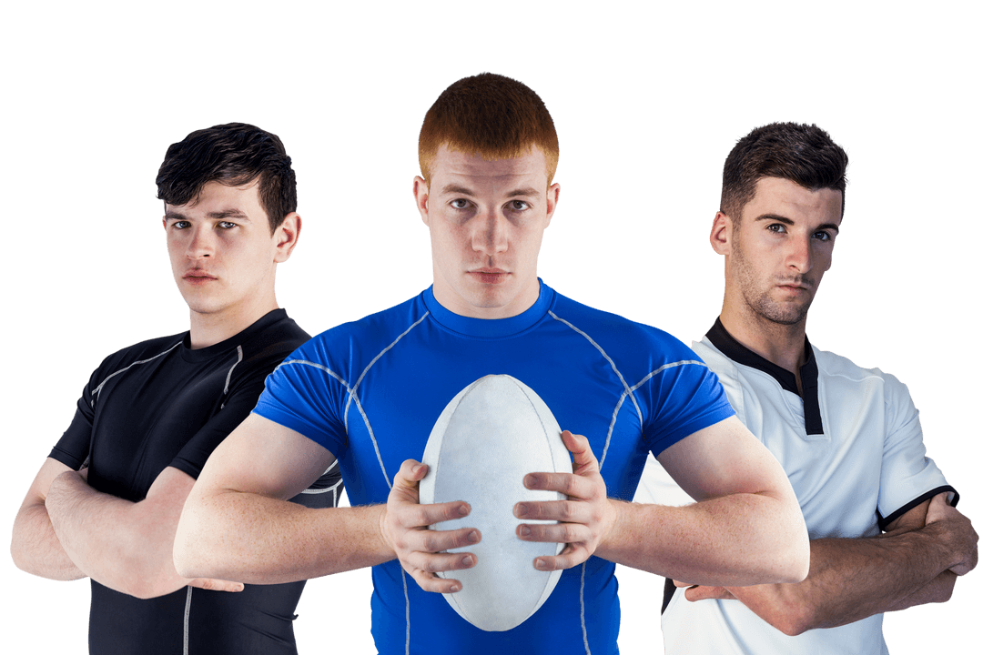 Transparent Three Rugby Players Holding Ball Looking focused