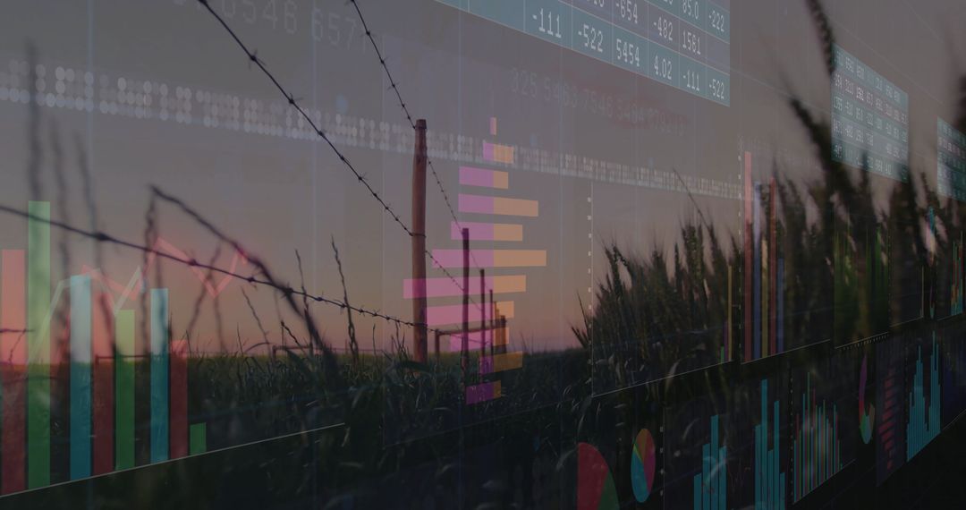 Rural Agriculture with Finance Visualization Overlay at Twilight