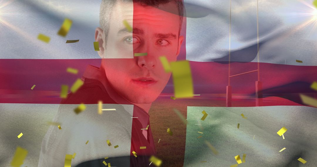 Rugby Player Celebrating on England Flag Background with Confetti