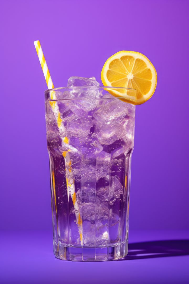 Refreshing Iced Beverage with Lemon Slice and Straw Against Purple Background - Free Images, Stock Photos and Pictures on Pikwizard.com