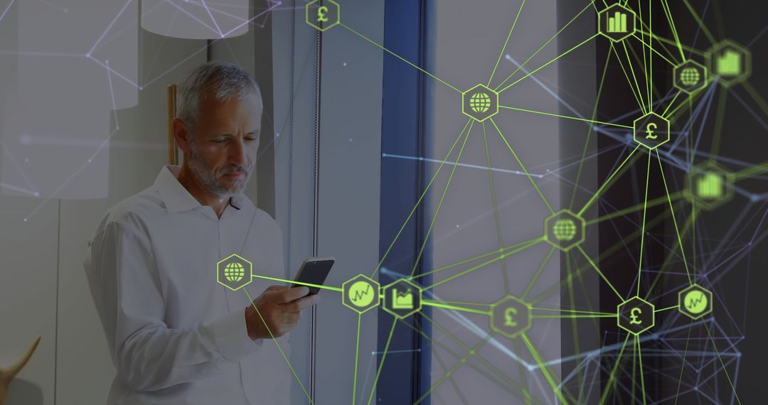Senior Businessman Using Smartphone with Digital Network Overlay