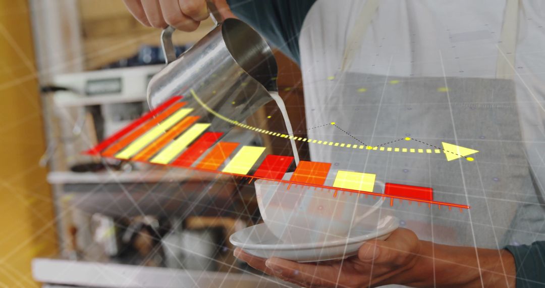 Barista Crafting Latte Art with Data Overlay at Coffee Shop