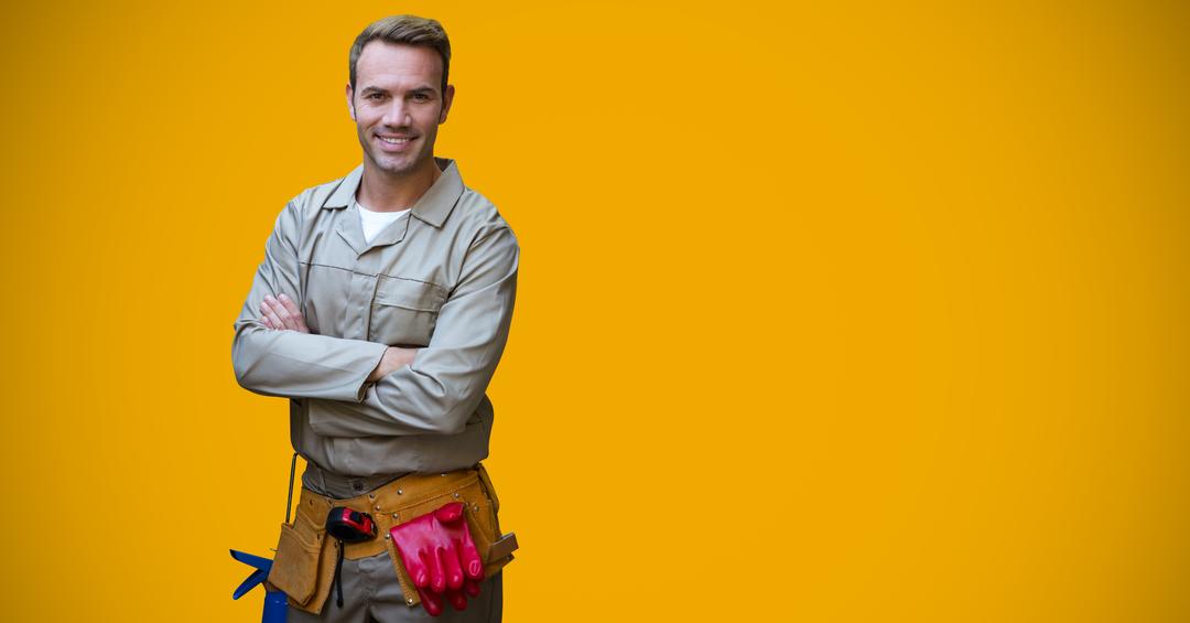 Smiling Handyman Standing Arms Crossed in Front of Yellow Background - Free Images, Stock Photos and Pictures on Pikwizard.com