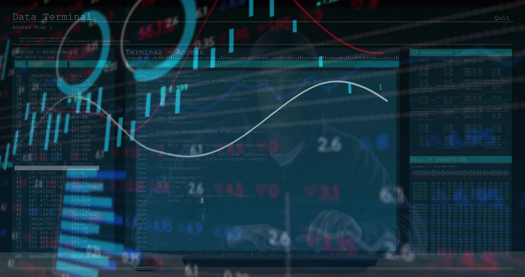 Mysterious Programmer Analyzing Data on Multiple Screens