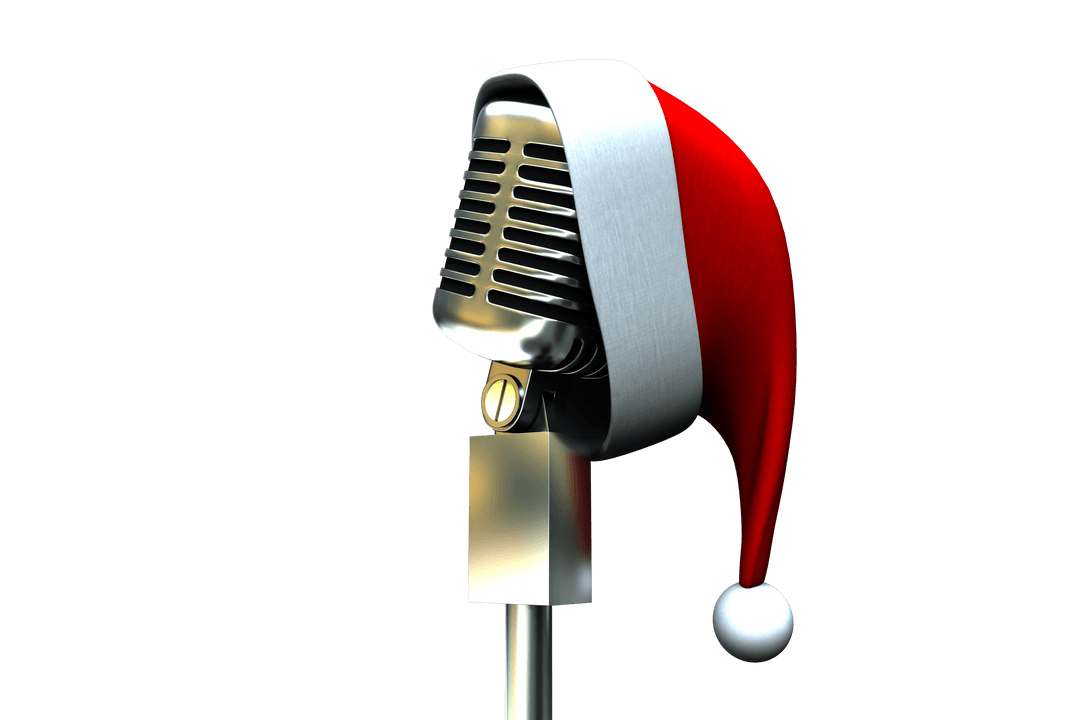 Retro Microphone Wearing a Santa Hat on Transparent Background