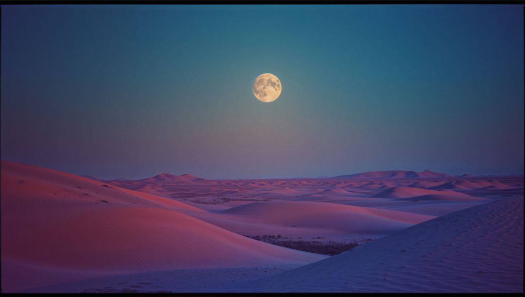 Surreal Full Moon Illuminating Tranquil Desert Dunes