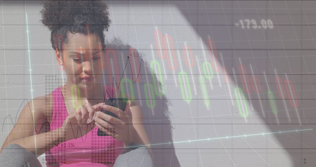 Fit Young Woman Analyzing Financial Data on Smartphone